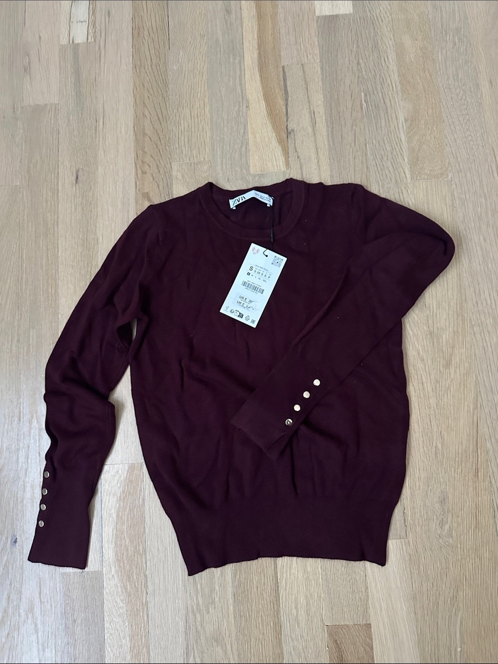Zara Wine Crewneck Sweater with Gold Button Cuffs